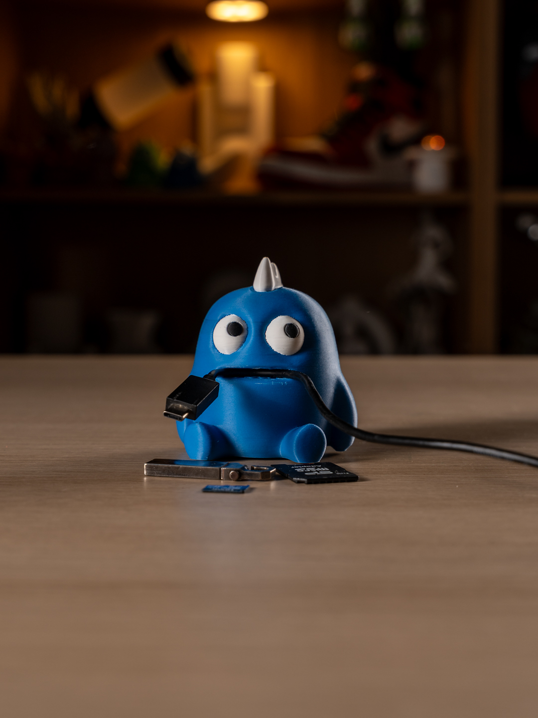 Blue Cable Monster desk helper holding a charging cable