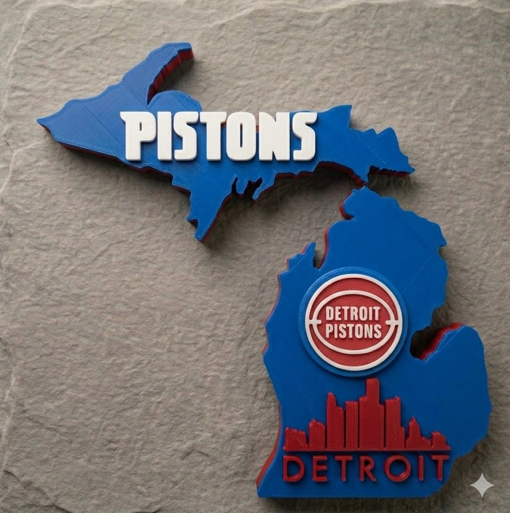 Detroit Pistons Michigan mitten wall decor in blue, red, and white