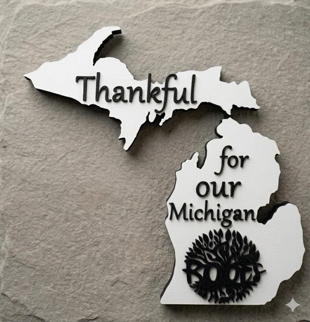 Thankful for our Michigan layered mitten wall decor in white and black